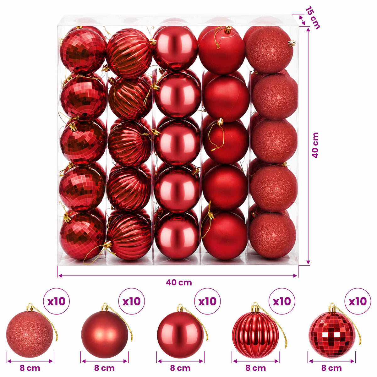 Christmas Ball Set 50 pcs Red 8 cm Polystyrene