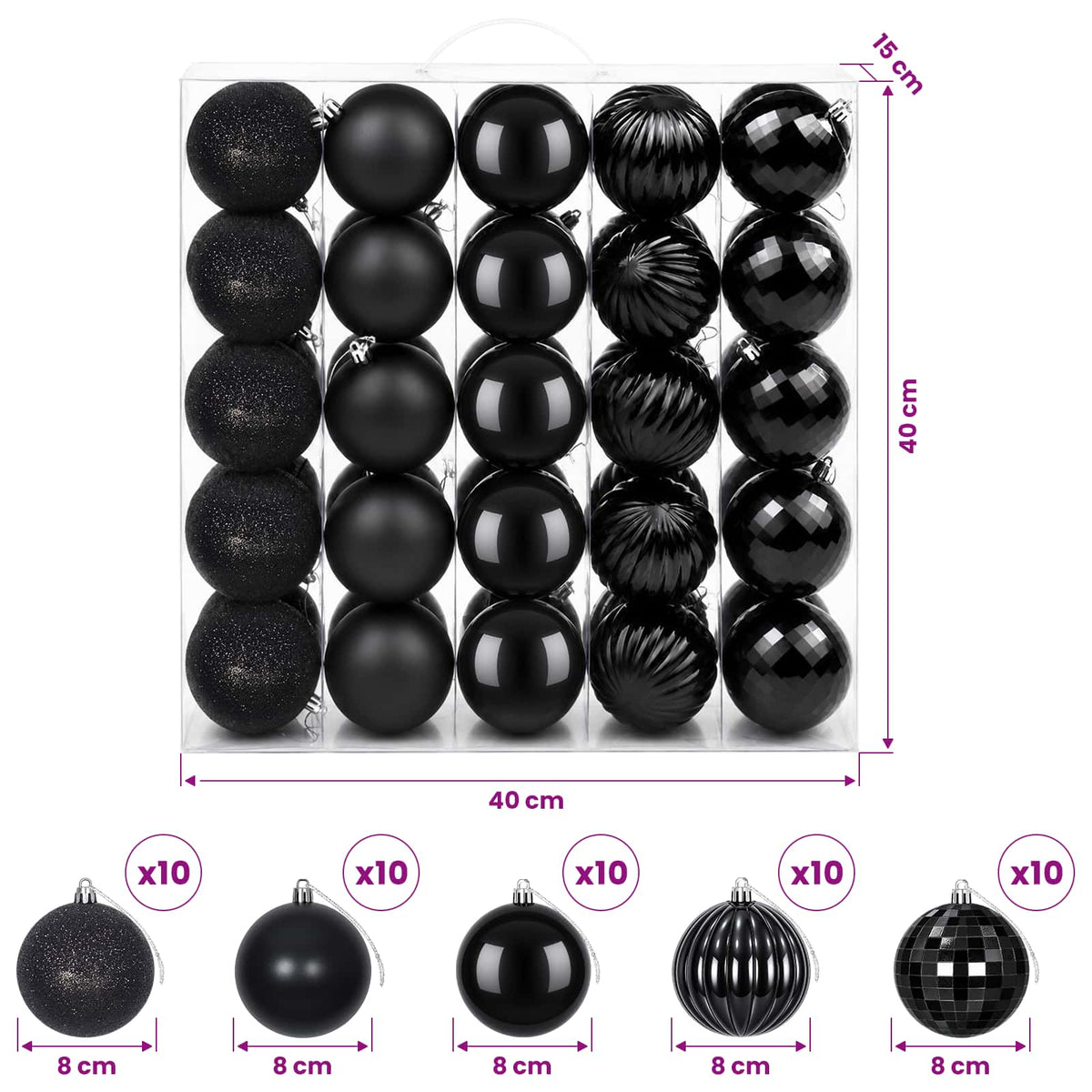 Christmas Ball Set 50 pcs Black 8 cm Polystyrene