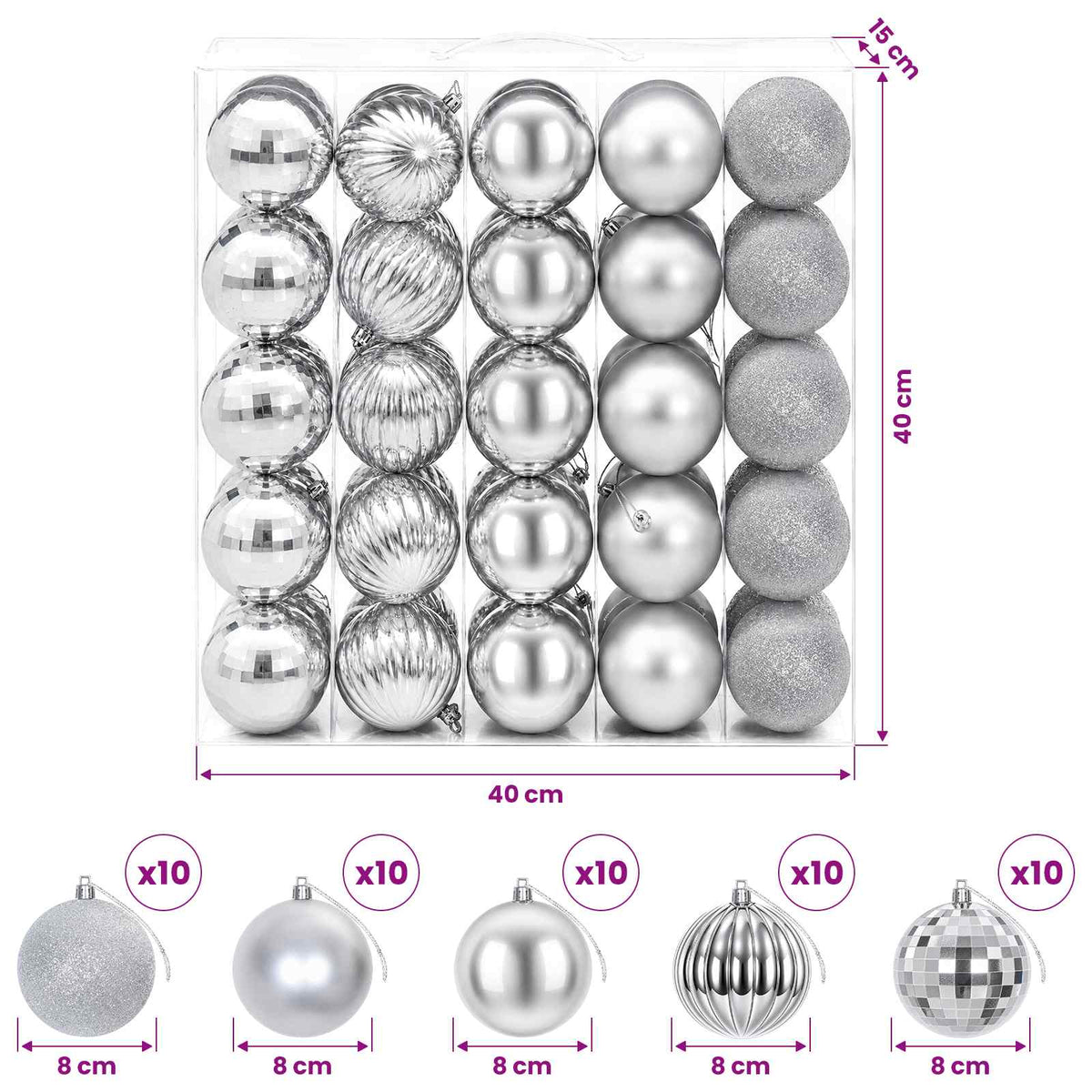 Christmas Ball Set 50 pcs Silver Dia. 8 cm Polystyrene