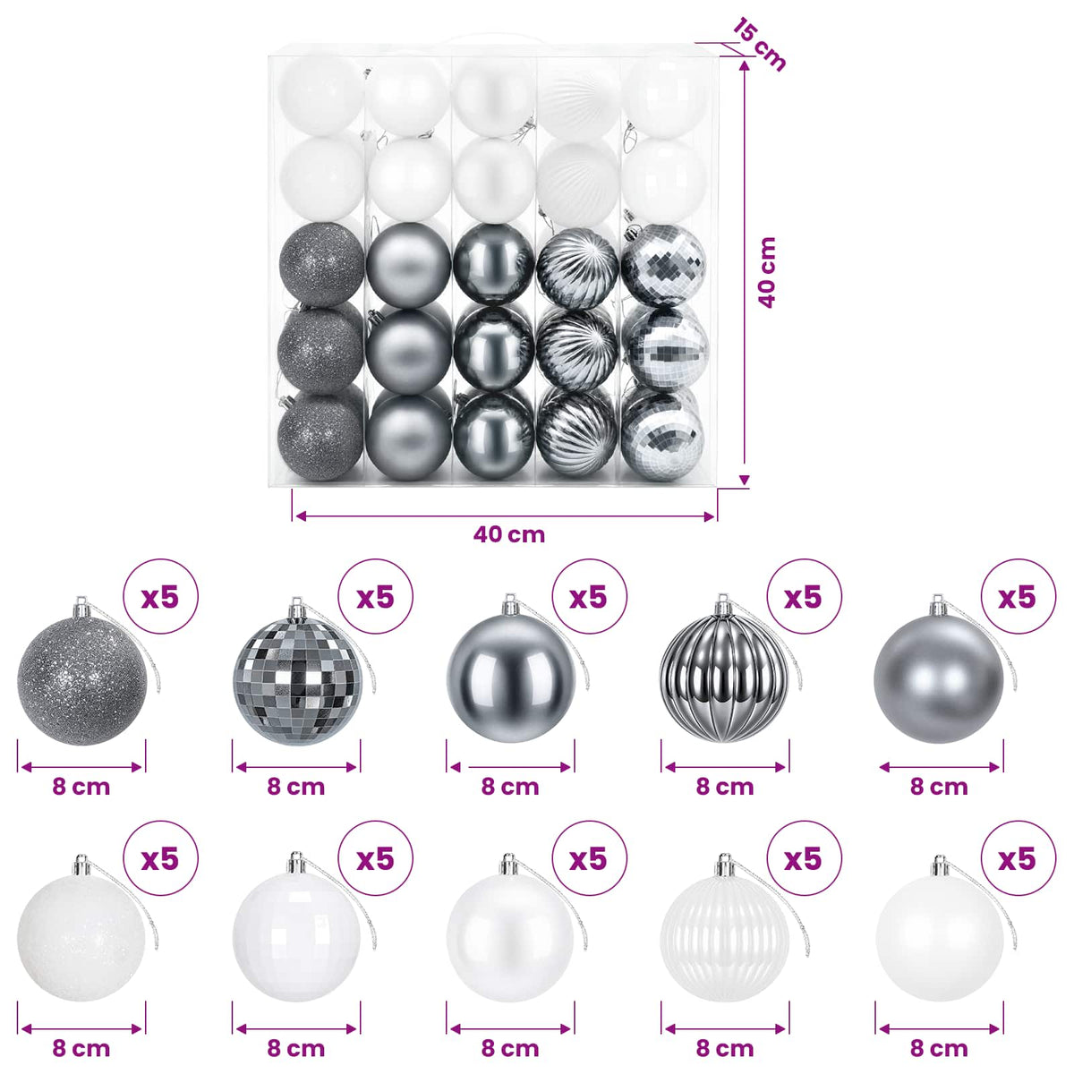 Christmas Ball Set 50 pcs White and Grey 8 cm Polystyrene
