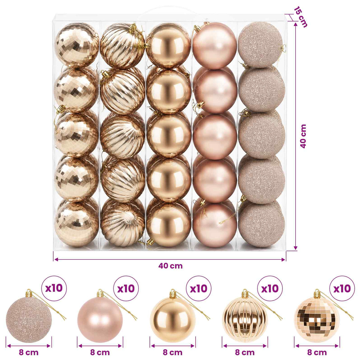 Christmas Ball Set 50 pcs Rose Gold 8 cm Polystyrene
