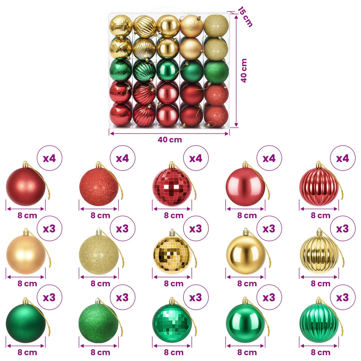 Christmas Ball Set 50 pcs Red Gold and Green Dia. 8 cm