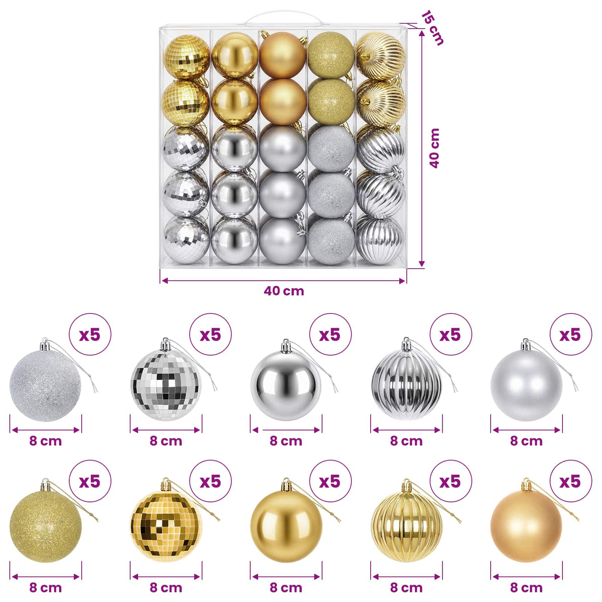 Christmas Ball Set 50 pcs Silver and Gold 8 cm Polystyrene