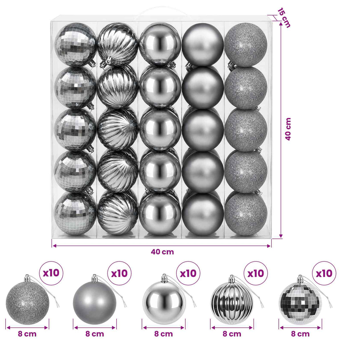 Christmas Ball Set 50 pcs Grey 8 cm Polystyrene