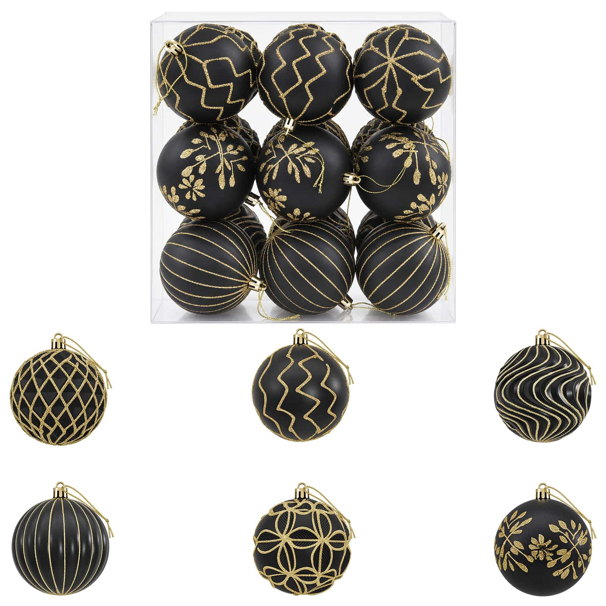 Christmas Ball Set XL 18 pcs Black and Gold Dia. 8 cm