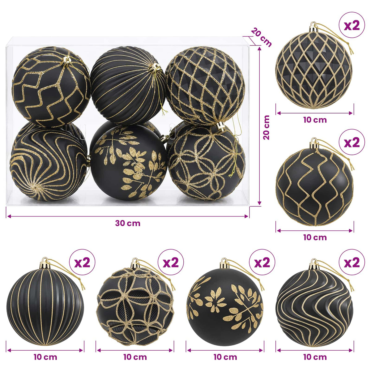 Christmas Ball Set XL 12 pcs Black and Gold Dia. 10 cm