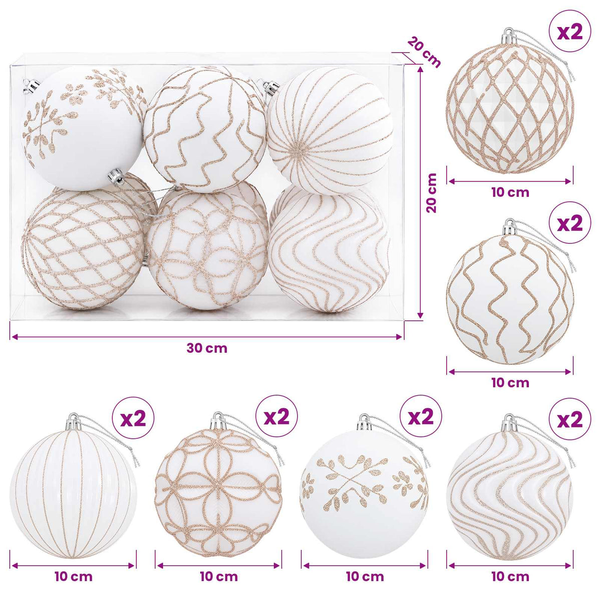 Christmas Ball Set XL 12 pcs White and Rose Gold 10 cm