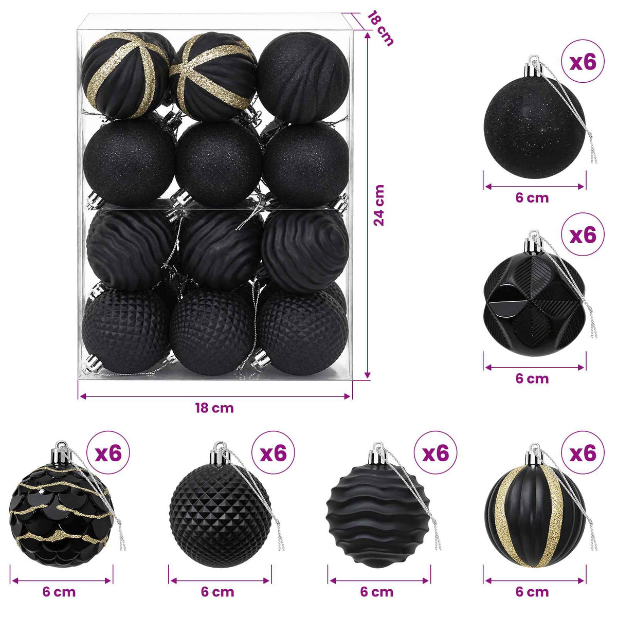 Christmas Ball Set 36 pcs Black 6 cm Polystyrene