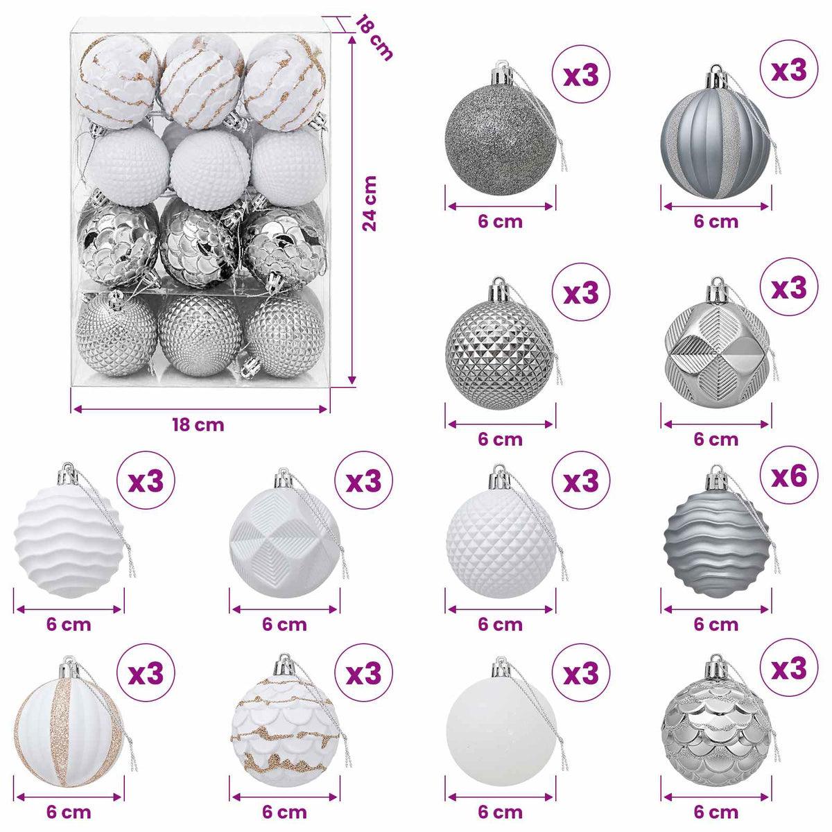 Christmas Ball Set 36 pcs White and Grey 6 cm Polystyrene
