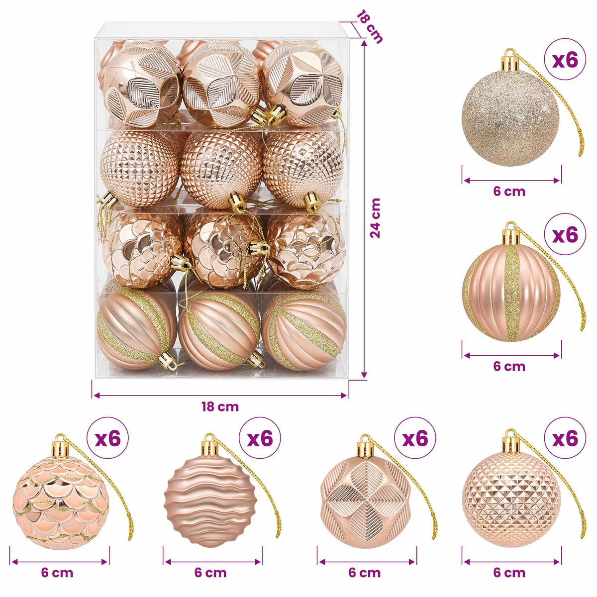 Christmas Ball Set 36 pcs Rose Gold 6 cm Polystyrene