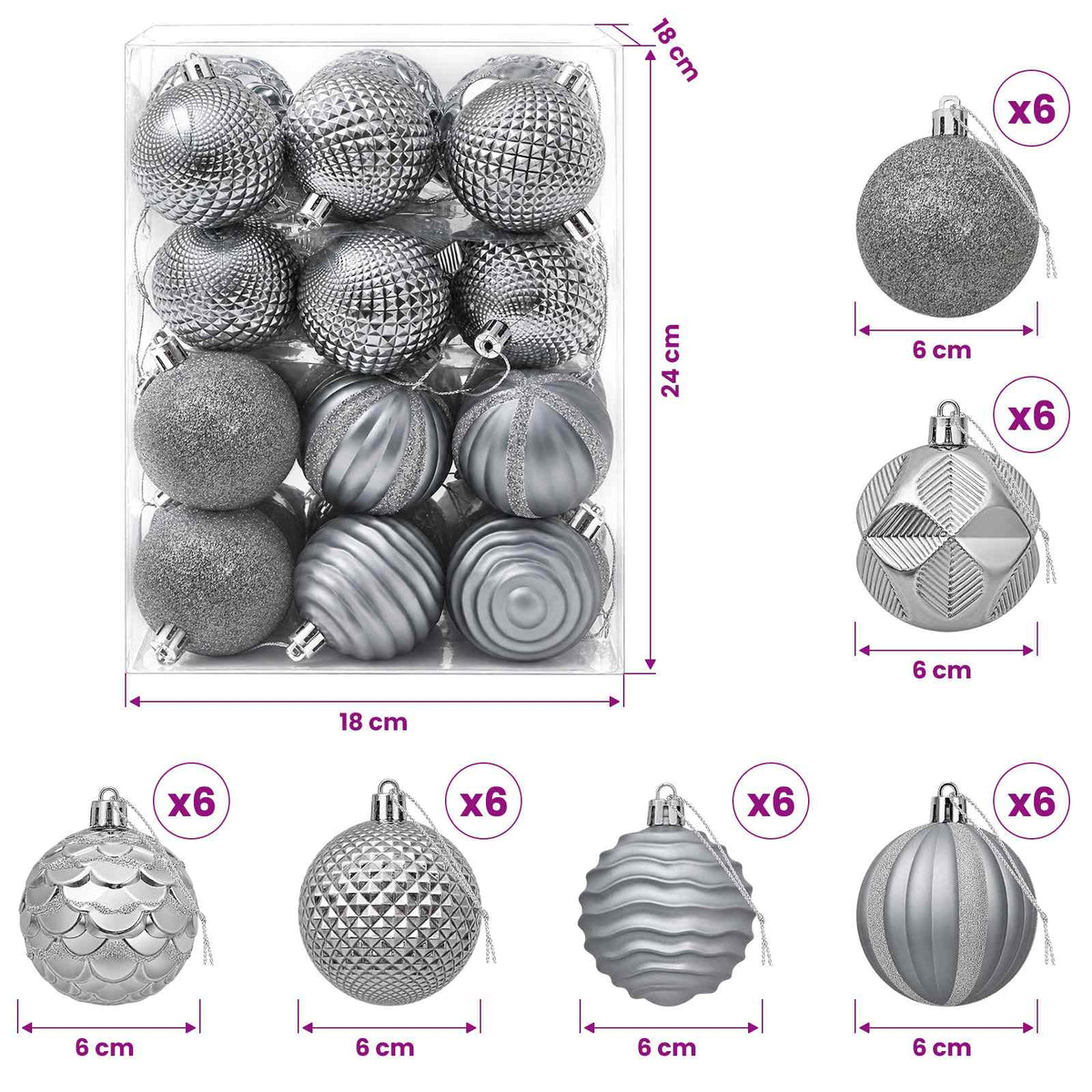 Christmas Ball Set 36 pcs Grey 6 cm Polystyrene