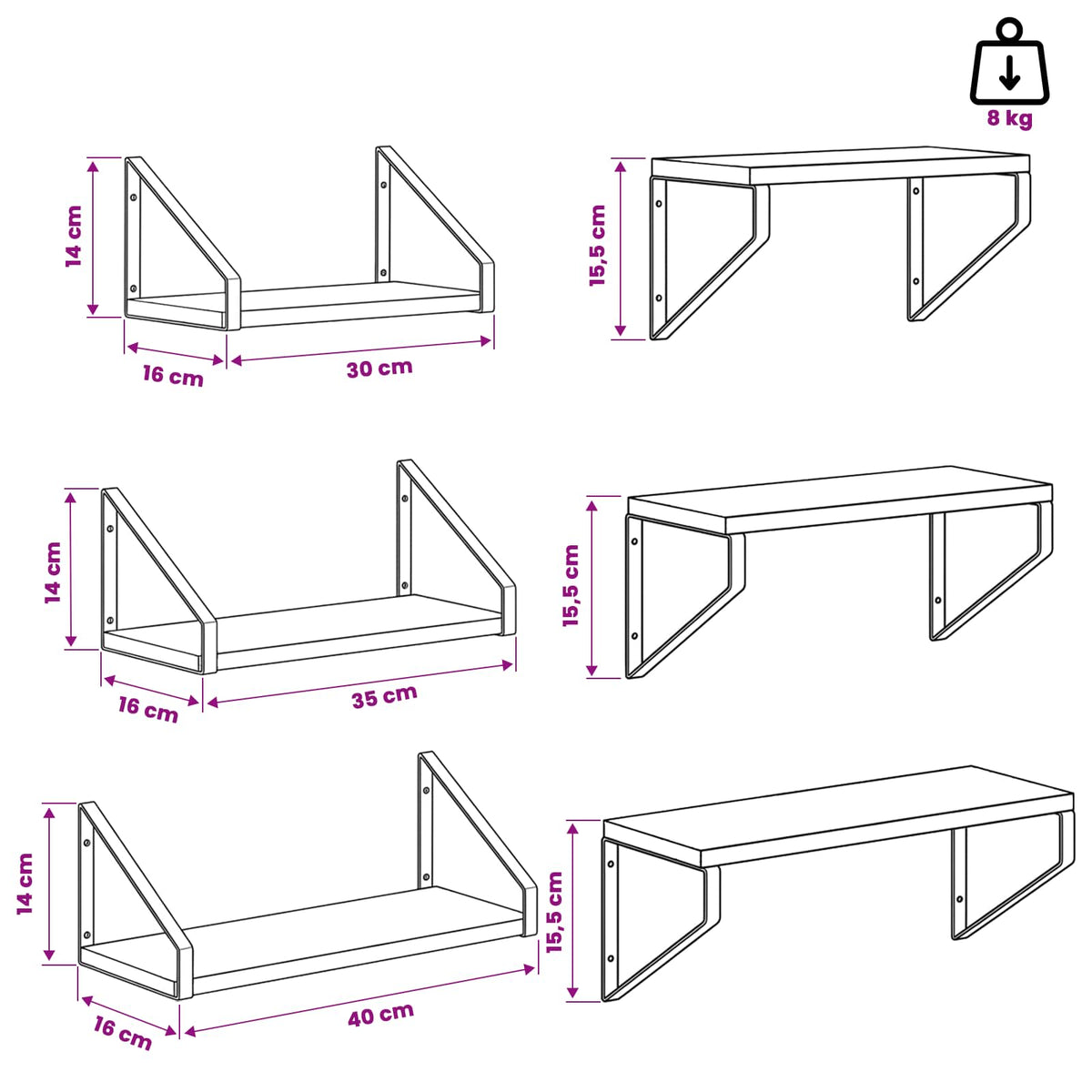 Wall Shelves 6 pcs White 40 x 16 x 15.5 cm