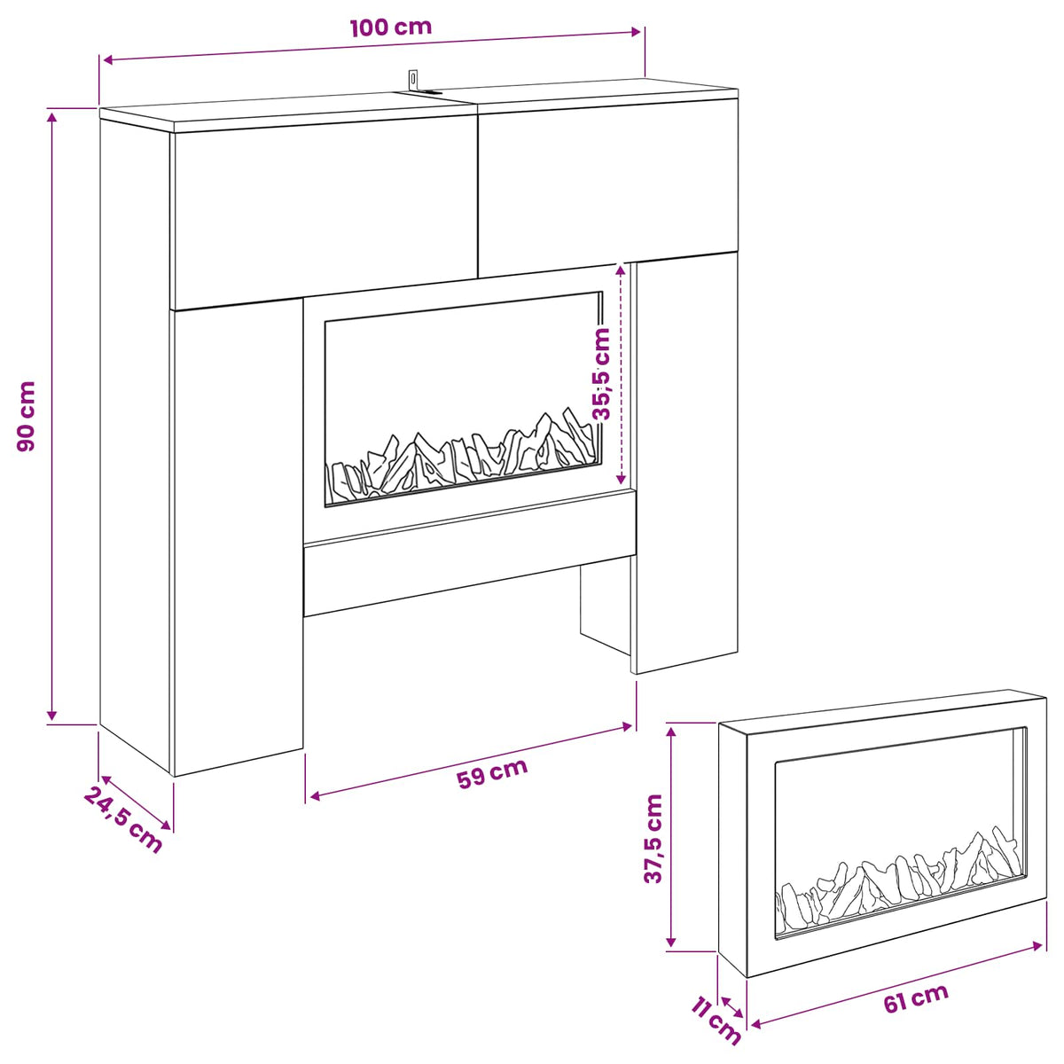 Electric Fireplace White 100 x 24.5 x 90 cm Engineered wood