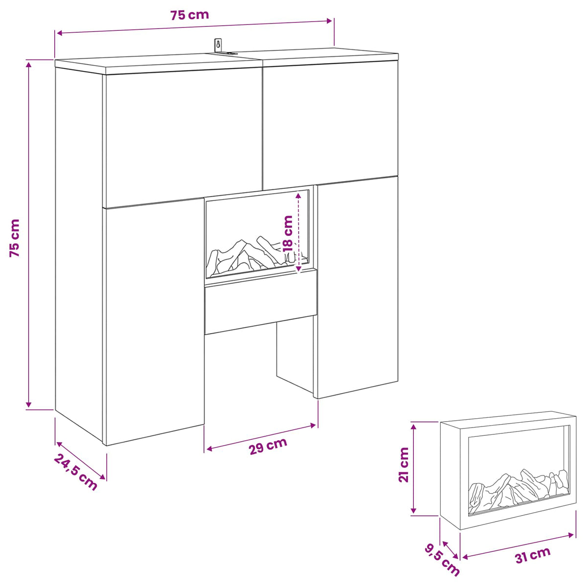 Electric Fireplace Black Oak 75 x 24.5 x 75 cm Engineered wood