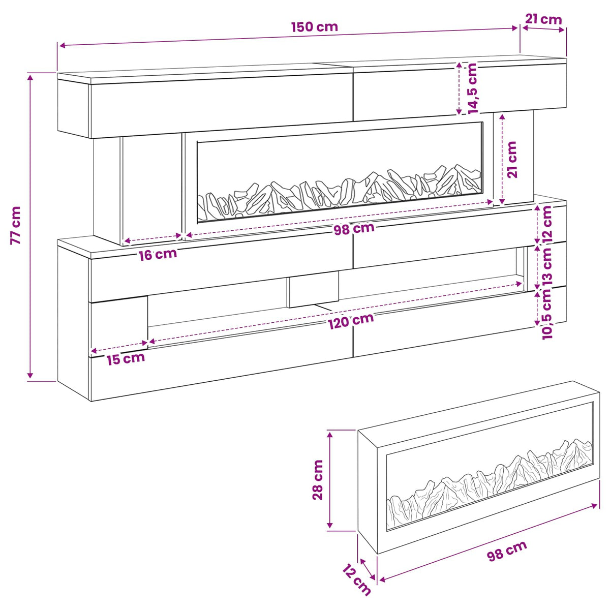 Electric Fireplace White 150 x 21 x 77 cm Engineered wood