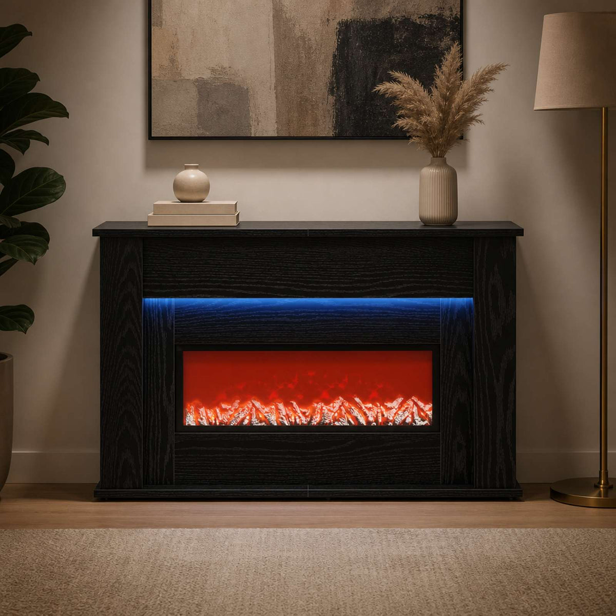Fireplace with LED Strip Black Oak 92 x 20 x 54 cm