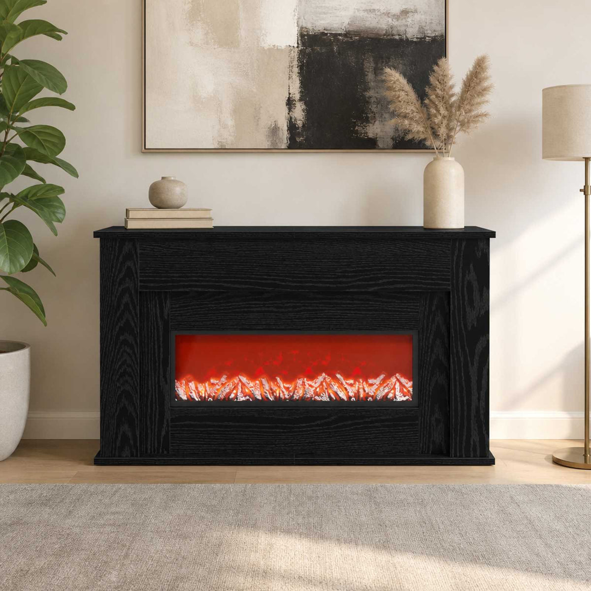 Fireplace with LED Strip Black Oak 92 x 20 x 54 cm