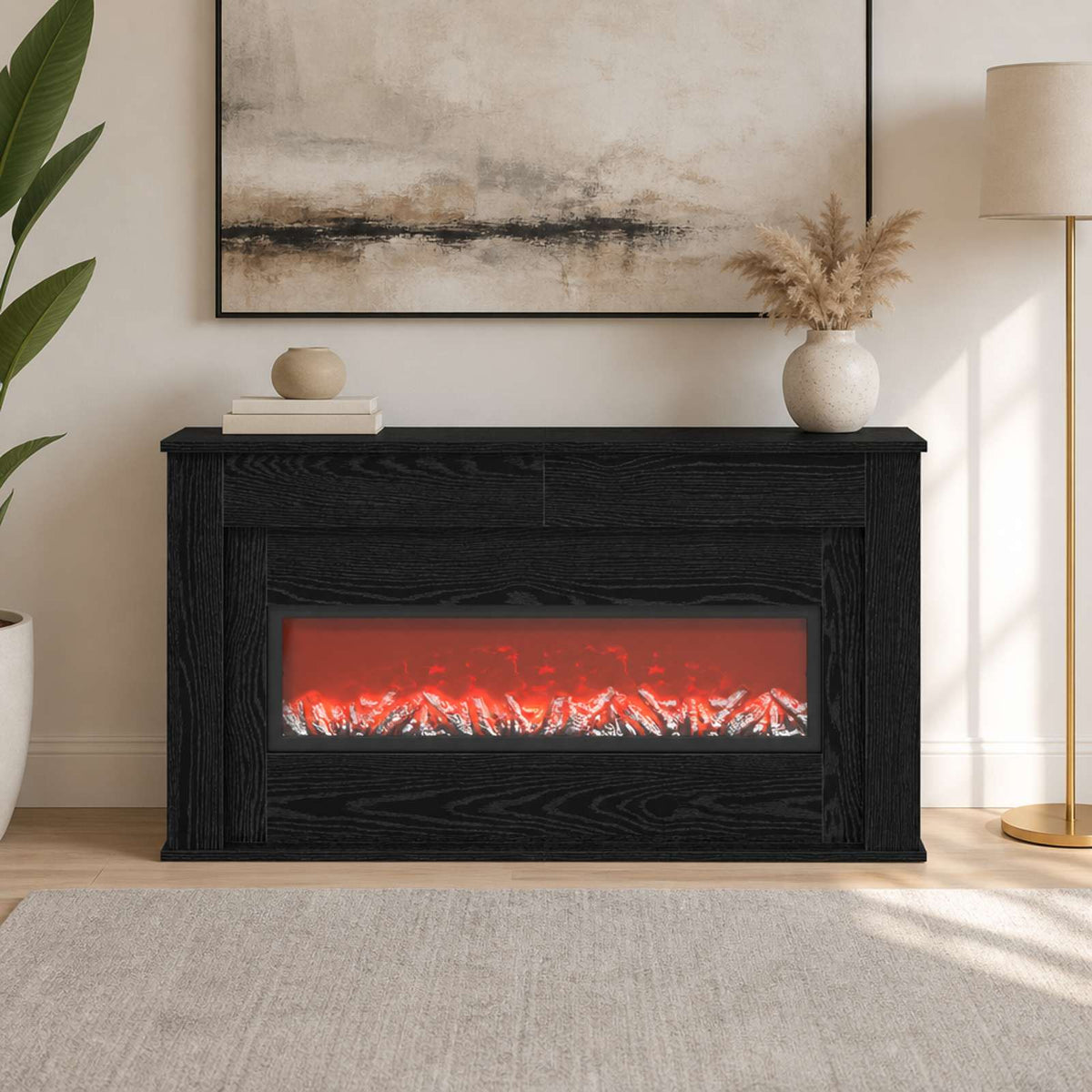 Fireplace with LED Strip Black Oak 130 x 20 x 69.5 cm