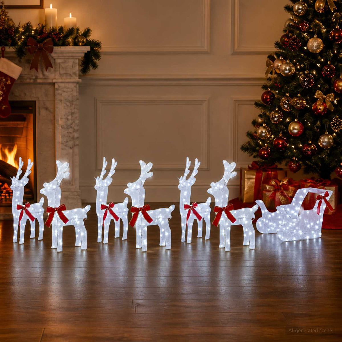Christmas Reindeer with sleigh 7 pcs 320 LEDs Cold White