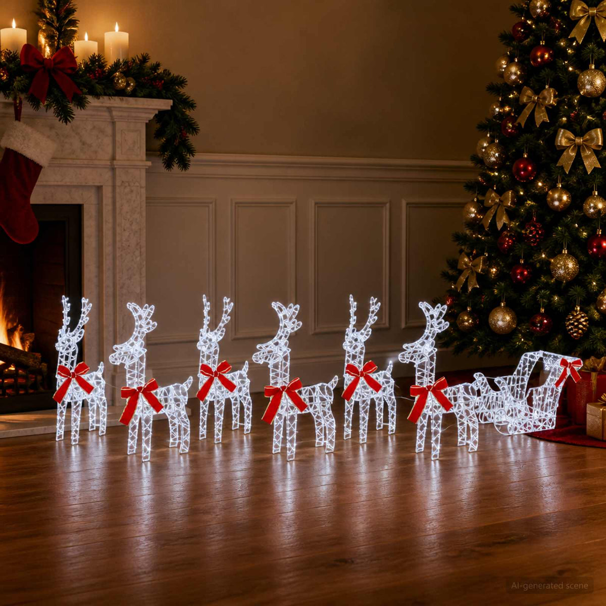 Christmas Reindeer with sleigh 7 pcs 760 LEDs Cold White