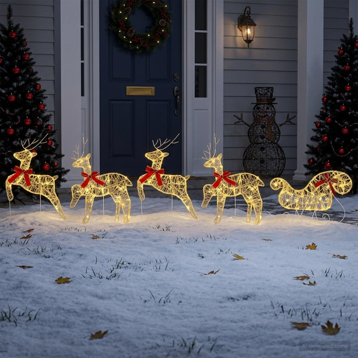 Christmas Reindeer with sleigh 5 pcs 100 LEDs Warm White