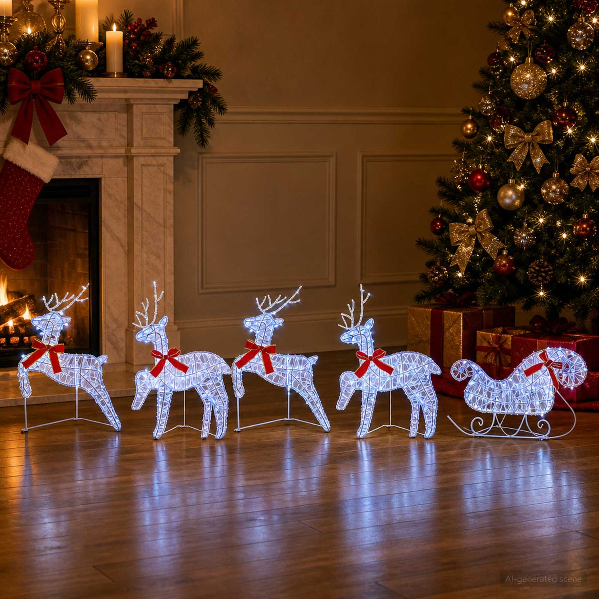 Christmas Reindeer with sleigh 5 pcs 100 LEDs Blue