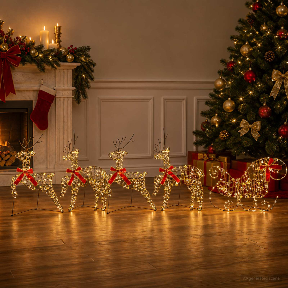 Christmas Reindeer with sleigh 5 pcs 100 LEDs Warm White