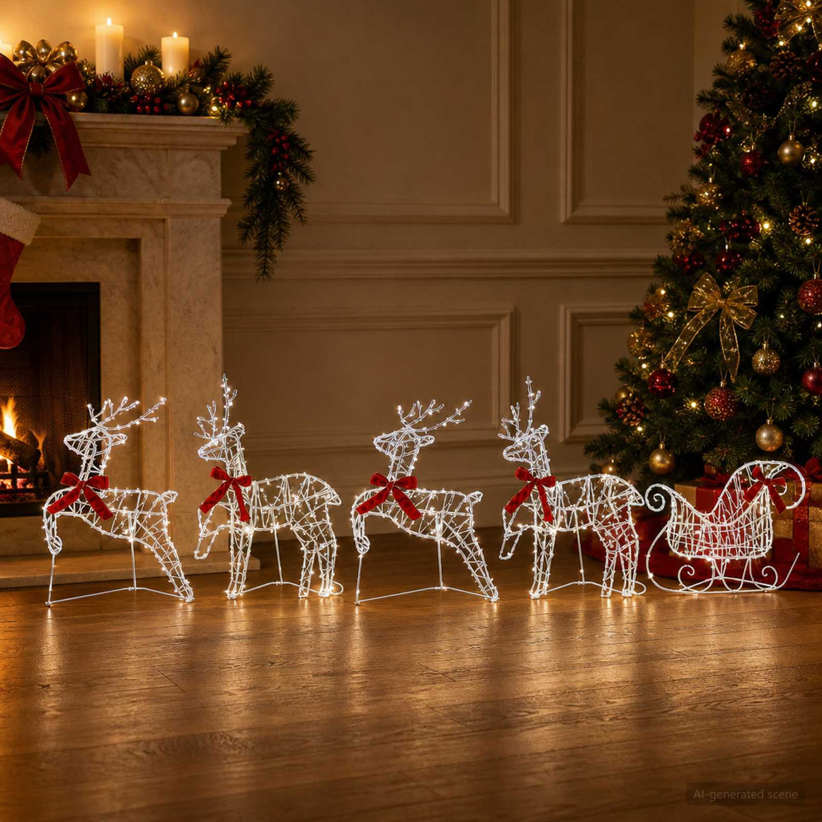 Christmas Reindeer with sleigh 5 pcs 230 LEDs Cold White