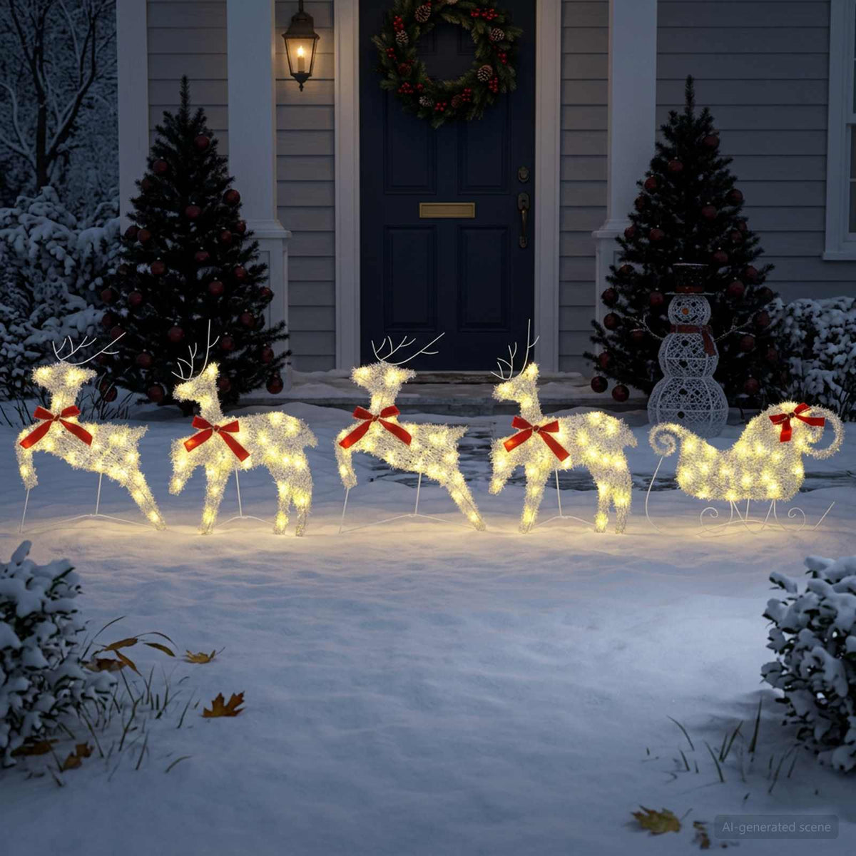 Christmas Reindeer with sleigh 5 pcs 100 LEDs Warm White
