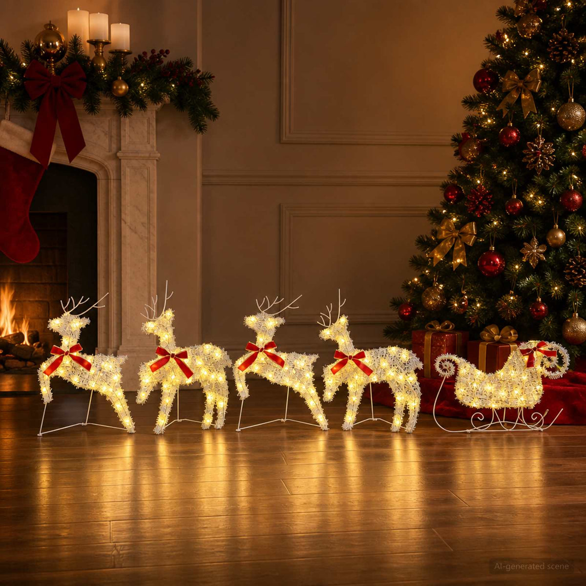 Christmas Reindeer with sleigh 5 pcs 100 LEDs Warm White
