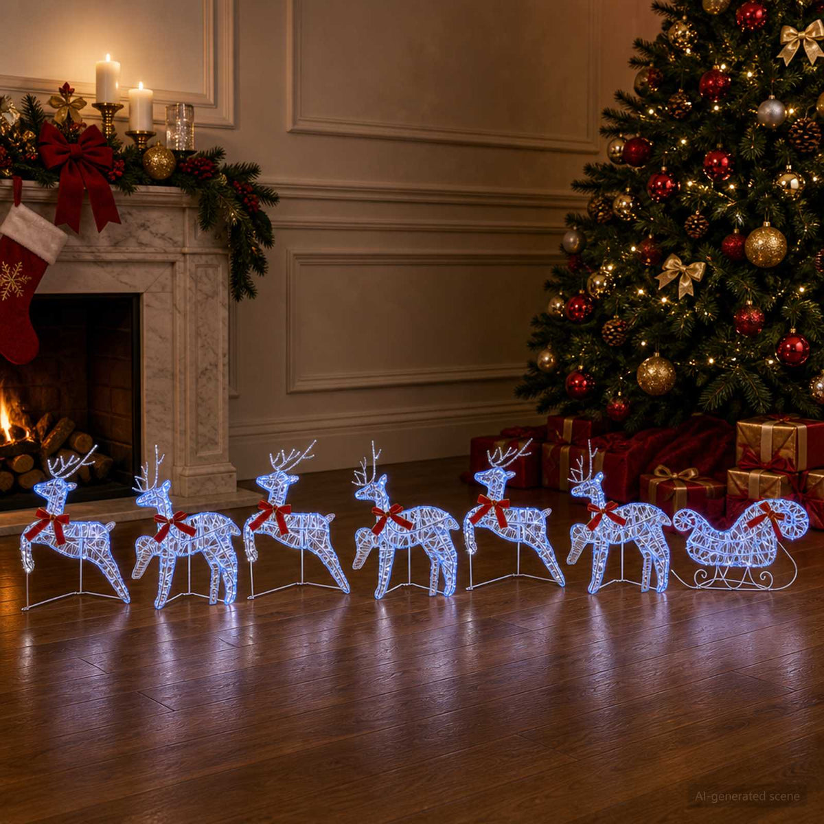 Christmas Reindeer with sleigh 7 pcs 140 LEDs Blue