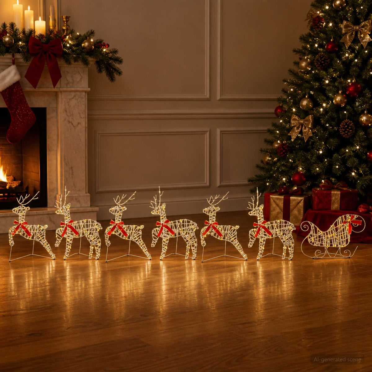Christmas Reindeer with sleigh 7 pcs 140 LEDs Warm White