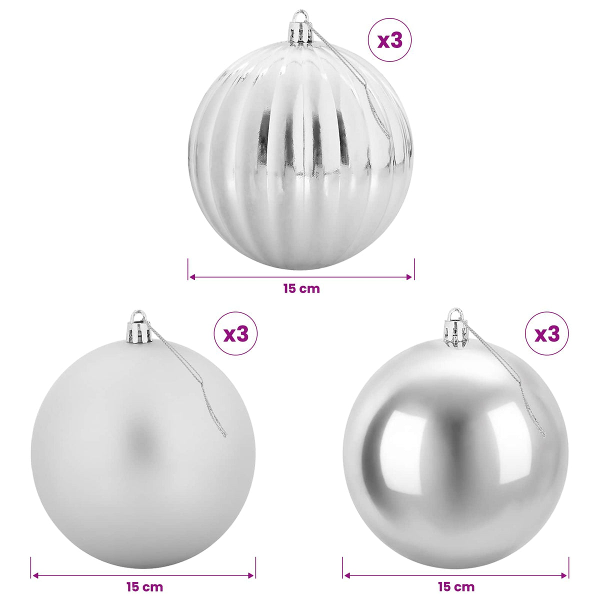 Christmas Ball Set XL 9 pcs Silver Dia. 15 cm Plastic