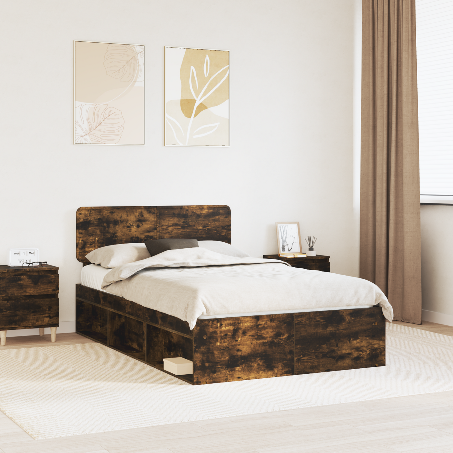 Bed Frame Smoked Oak 135 x 190 cm Solid Pine Wood