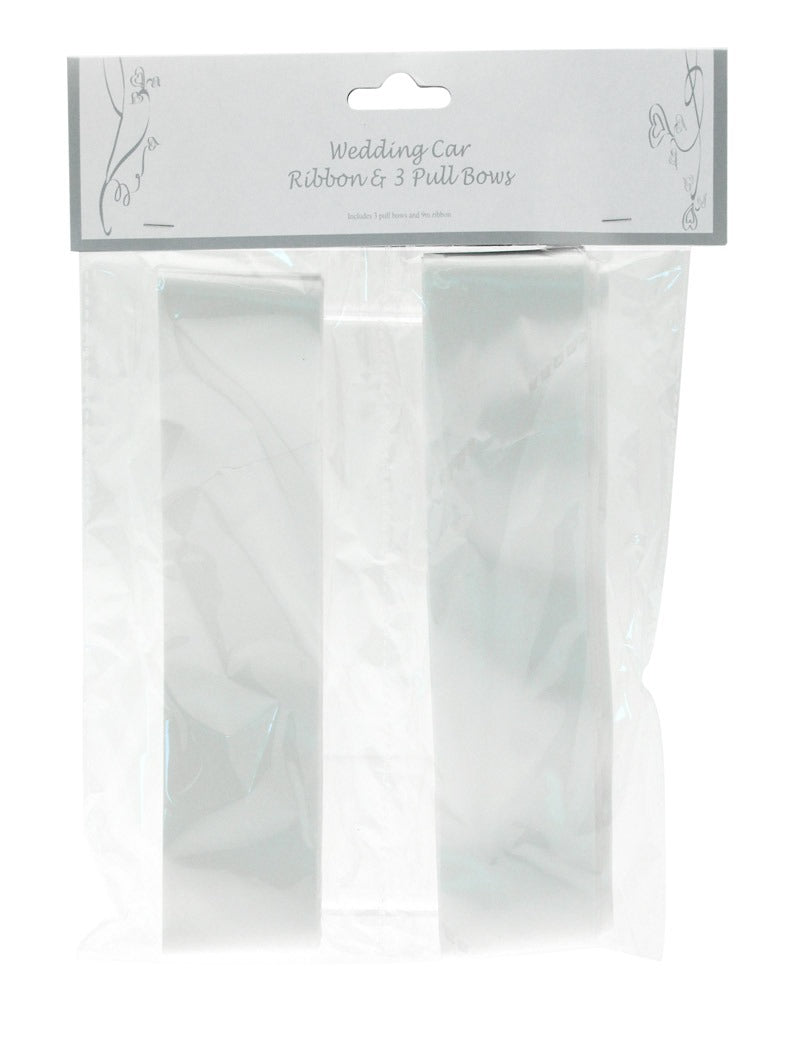White Wedding Car Ribbon &amp; 3 x Bows