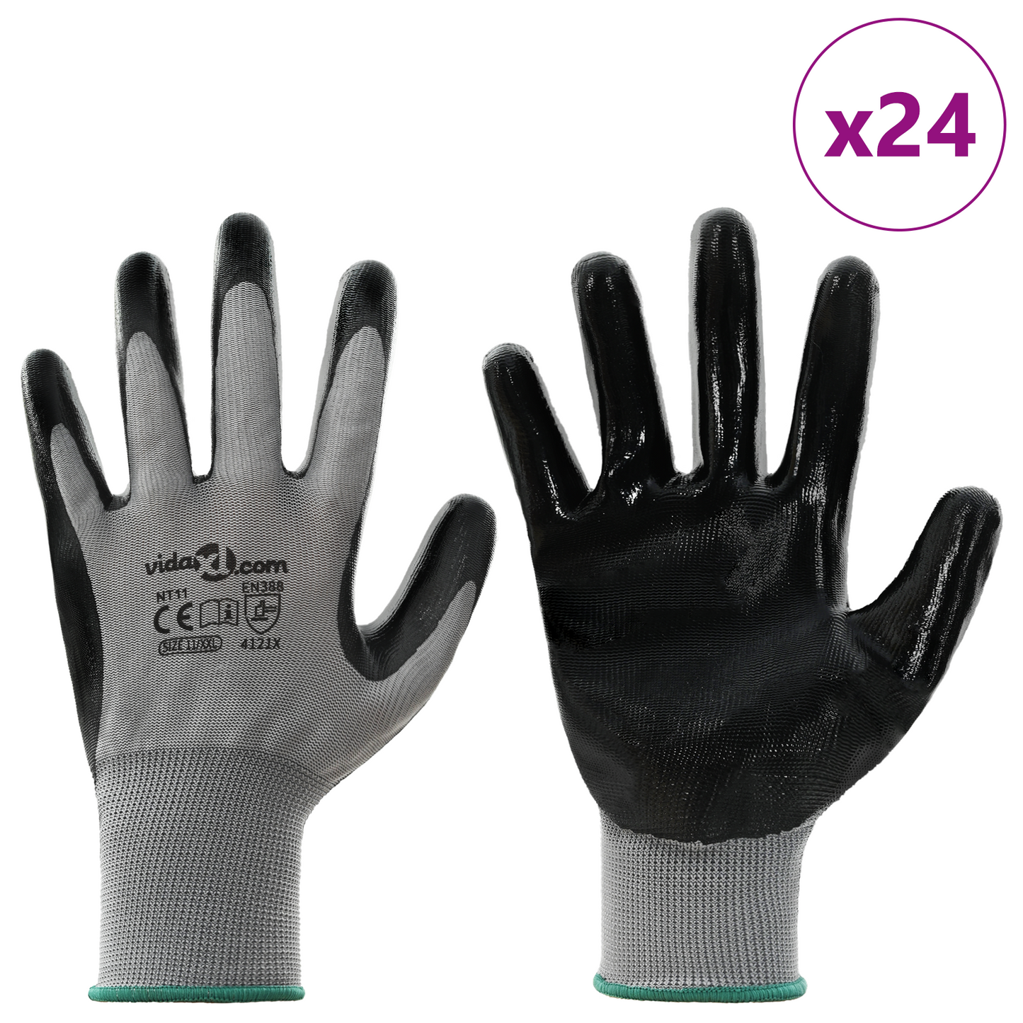 Work Gloves 24 pcs Grey and Black 11 / XXL Polyester