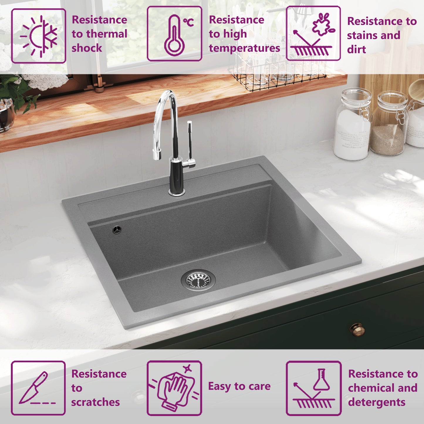 Granite Kitchen Sink Single Basin Grey