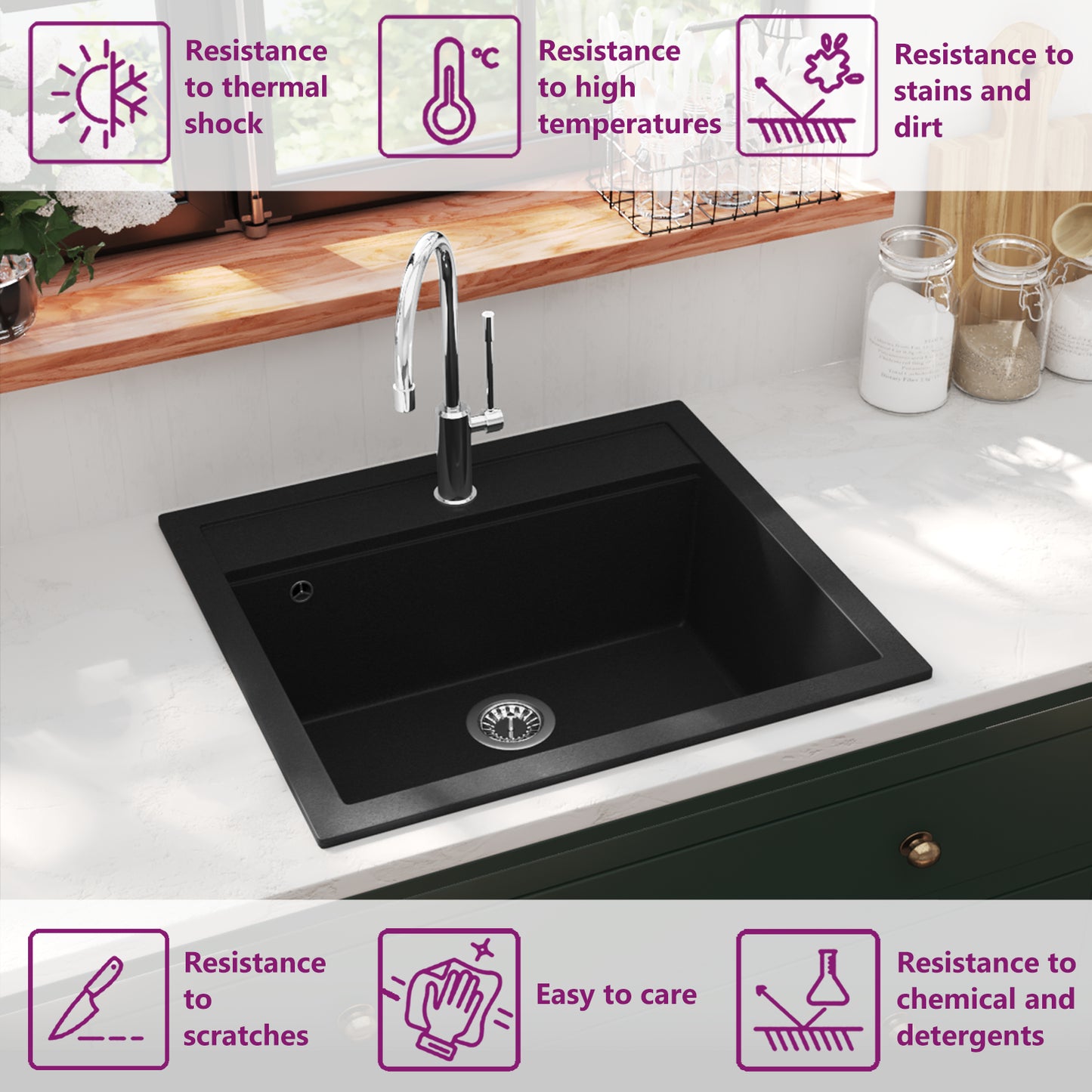 Granite Kitchen Sink Single Basin Black