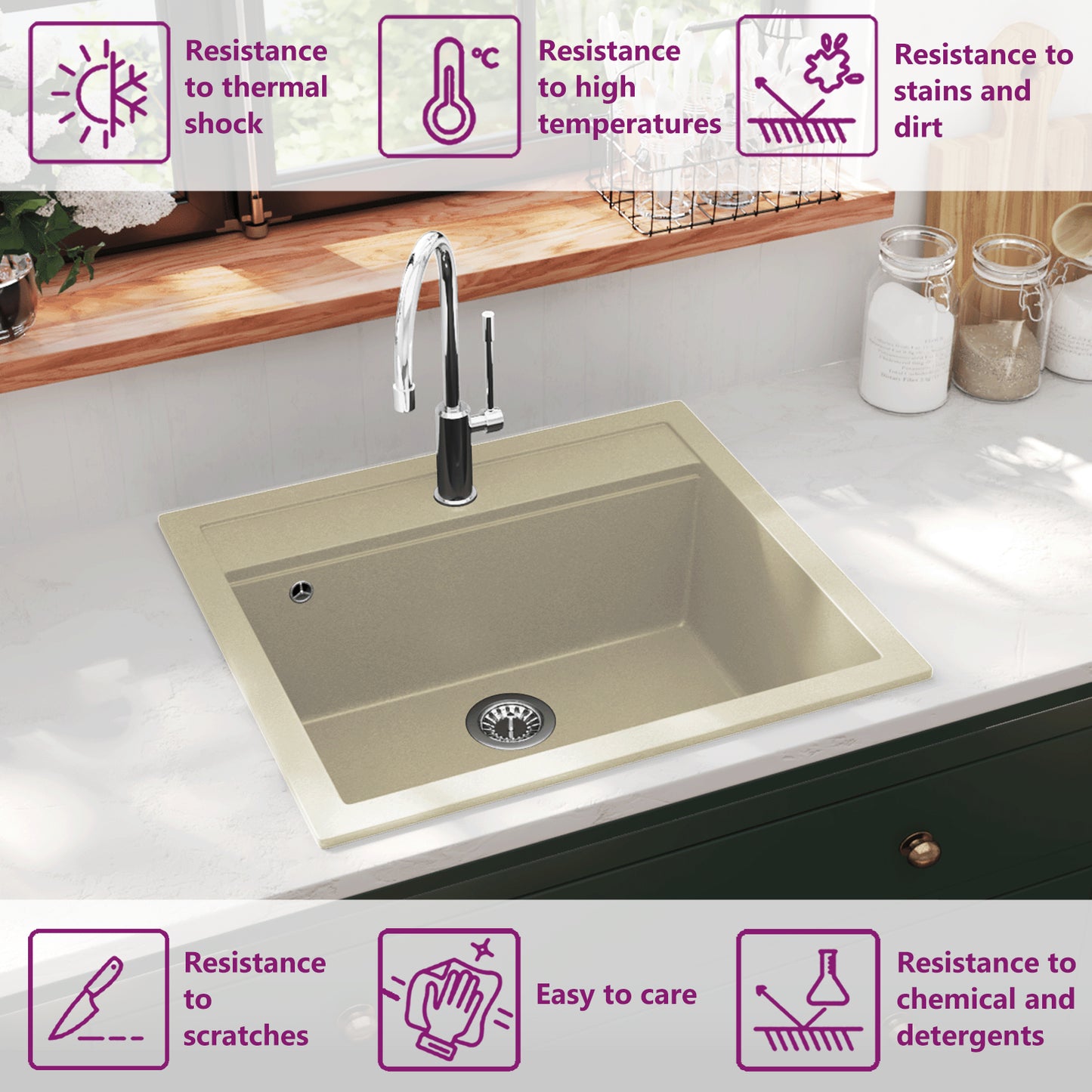 Granite Kitchen Sink Single Basin Beige