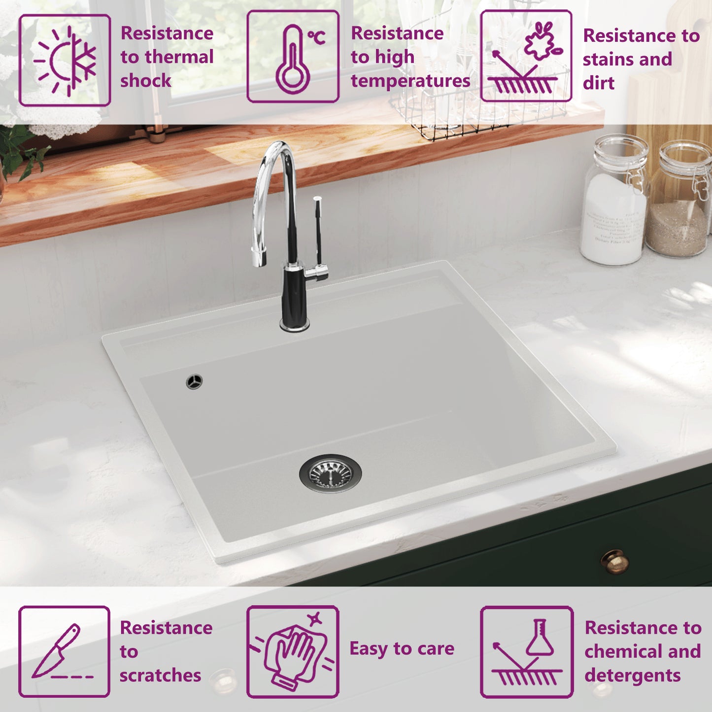 Kitchen Sink with Overflow Hole White Granite