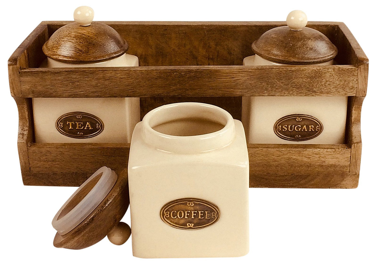 Wooden Rack with 3 Ceramic Jars