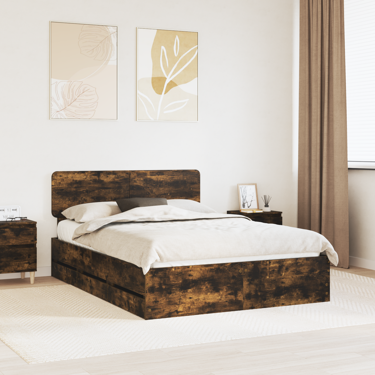Bed Frame with Drawer Smoked Oak 150 x 200 cm Engineered Wood
