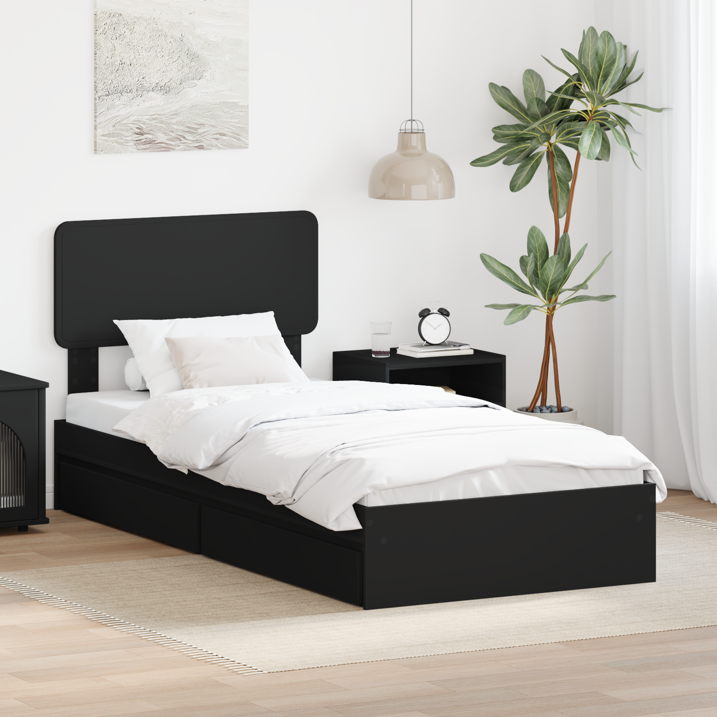 Storage Bed with Headboard Black 90 x 190 cm Engineered Wood