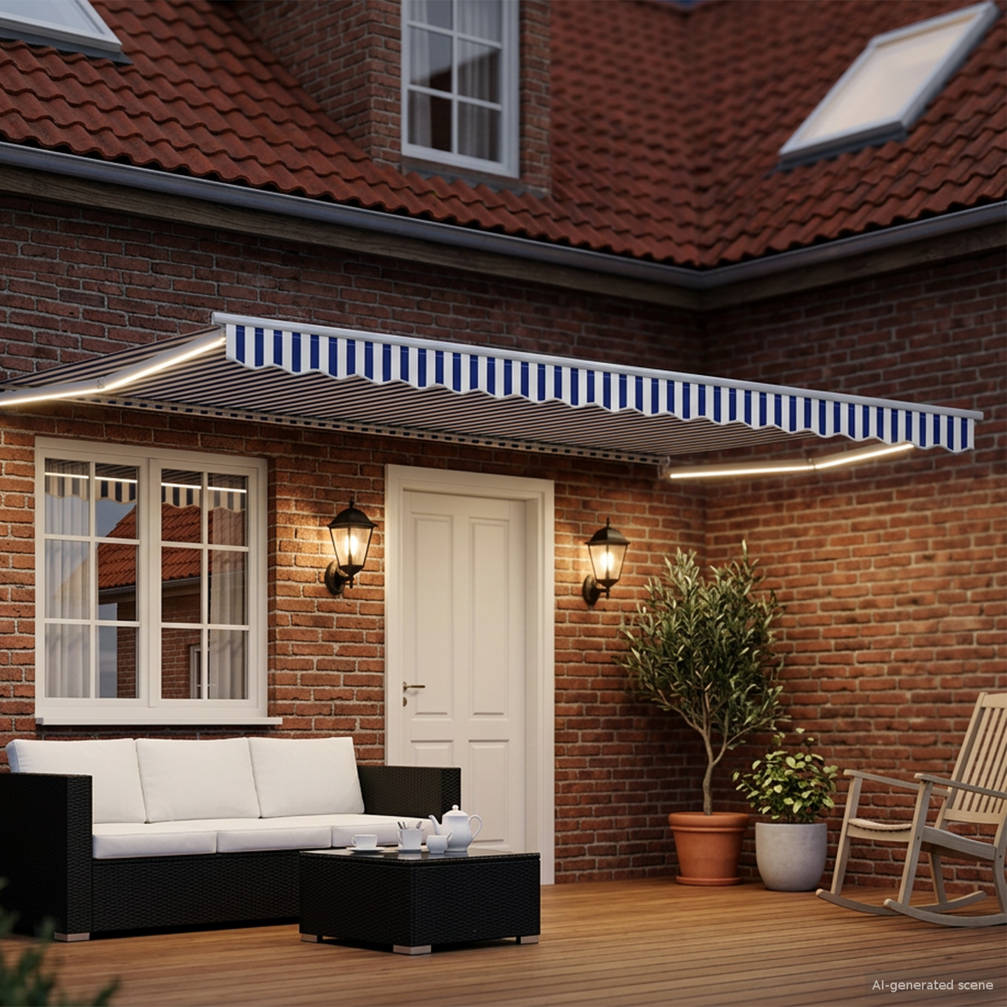 Manual Retractable Awning with LEDs Blue and White 4.5 x 3 m