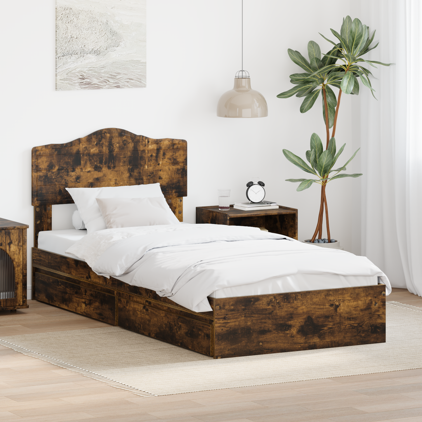 Storage Bed with Drawer Smoked Oak 90 x 200 cm Engineered Wood