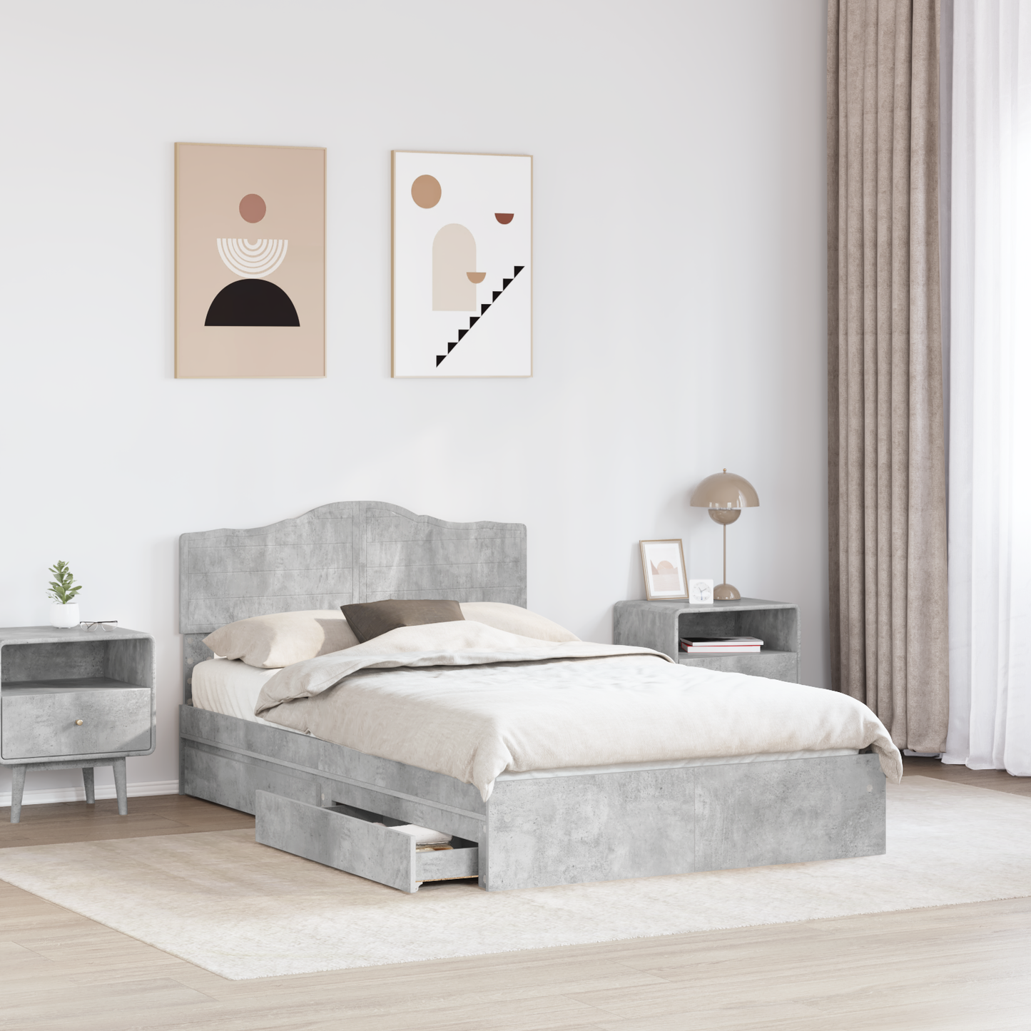 Storage Bed Concrete Grey 135 x 190 cm Engineered Wood