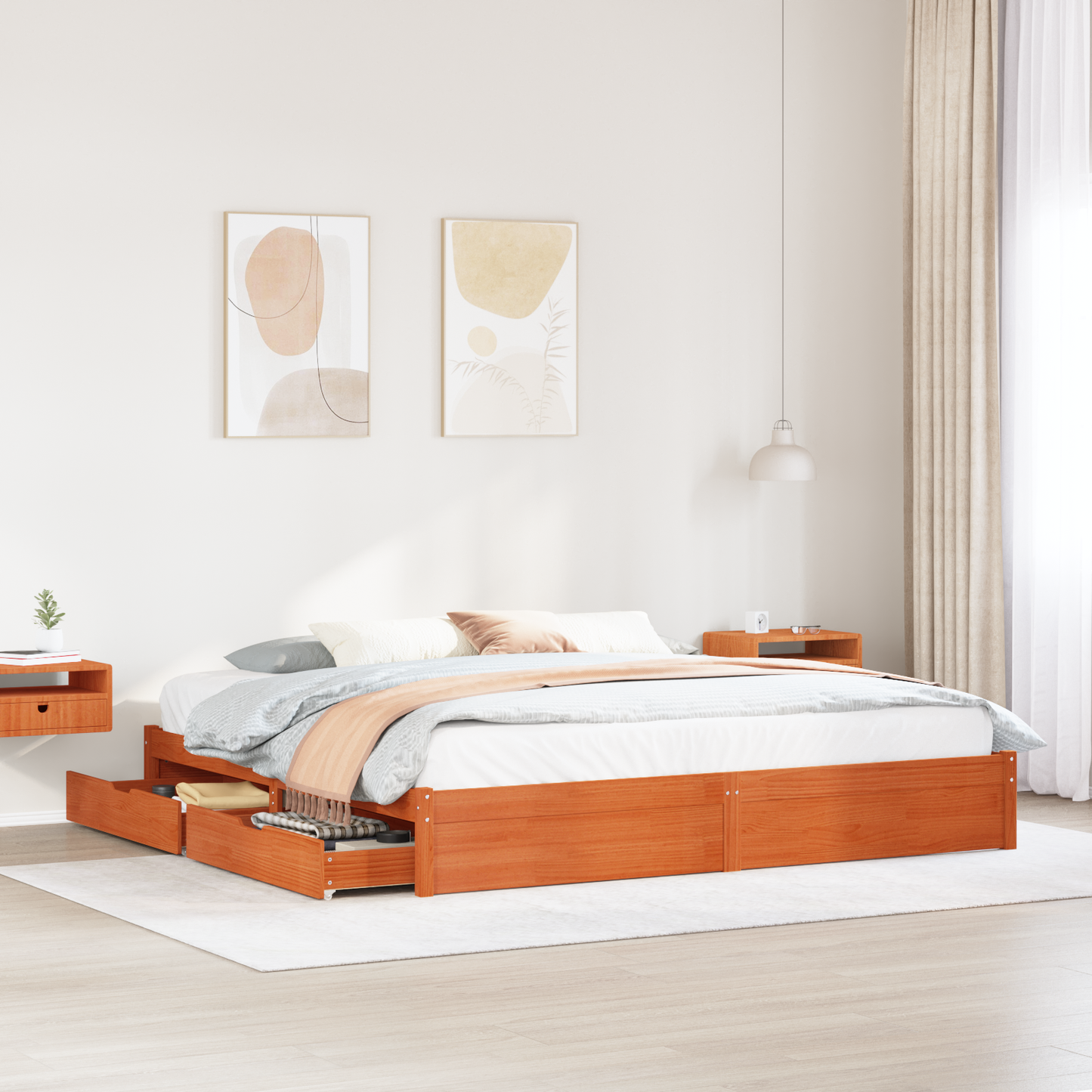 Bed Frame with Drawer Wax Brown 200 x 200 cm Solid Pine Wood