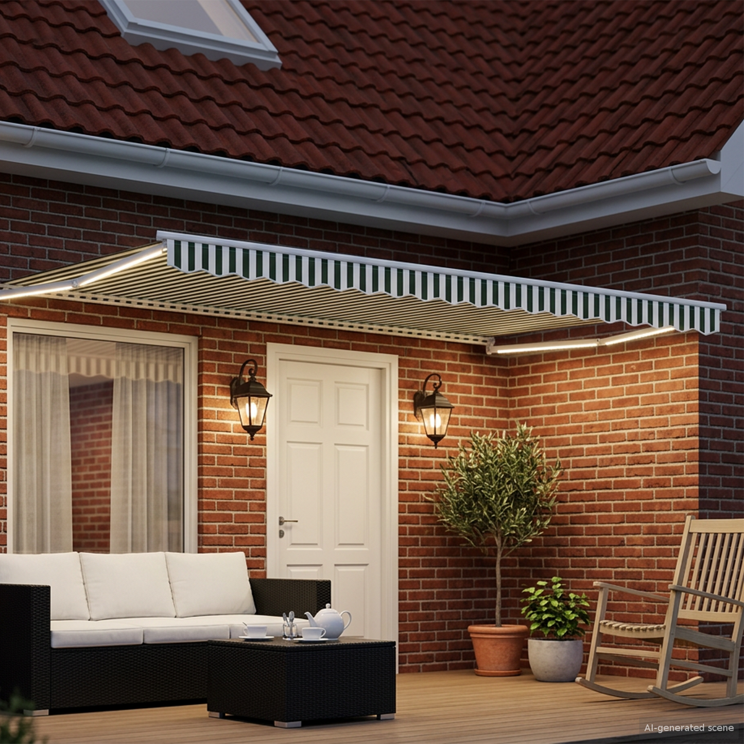 Manual Retractable Awning with LEDs Green and White 4.5 x 3 m