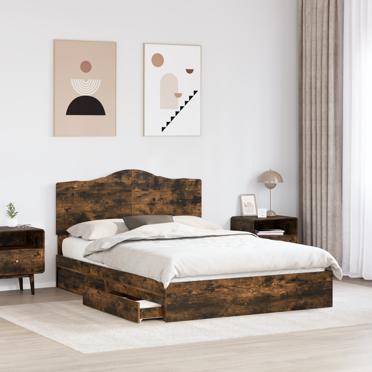 Storage Bed with Drawer Smoked Oak 160 x 200 cm Engineered Wood