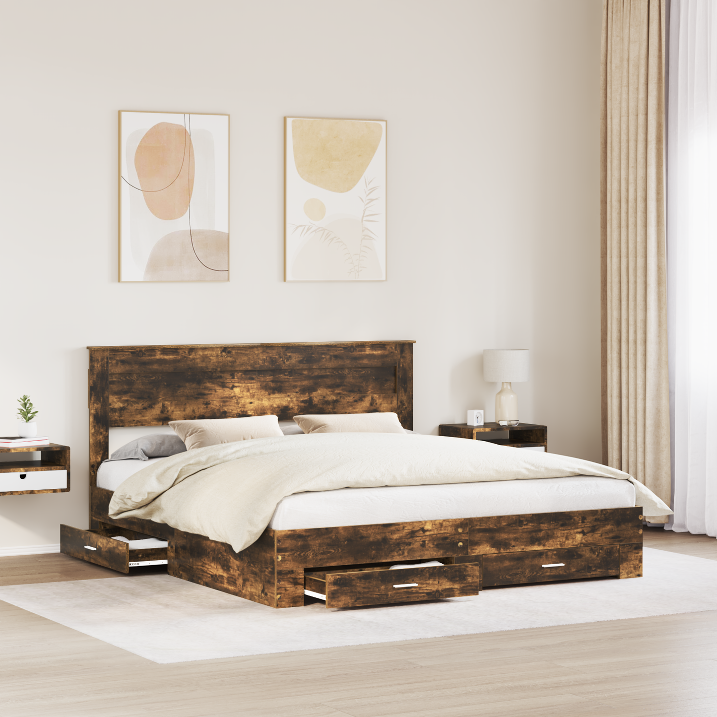 Bed Frame with Drawer Smoked Oak 200 x 200 cm Engineered Wood
